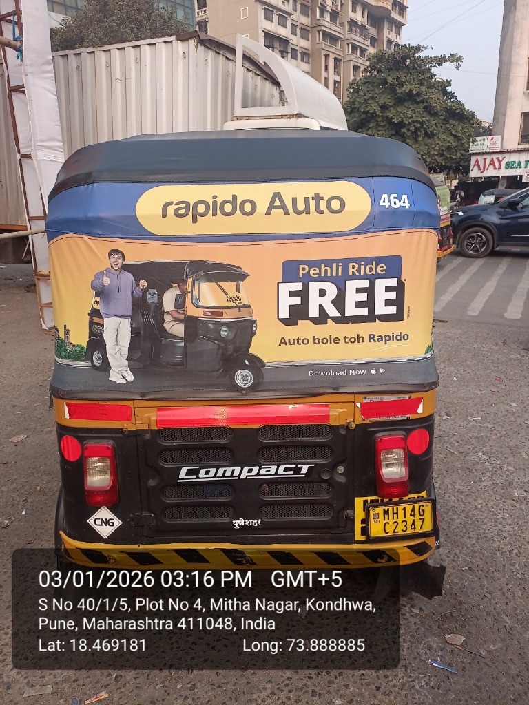 Rapido Auto Rickshaw Hood Branding rear view display in Pune Maharashtra